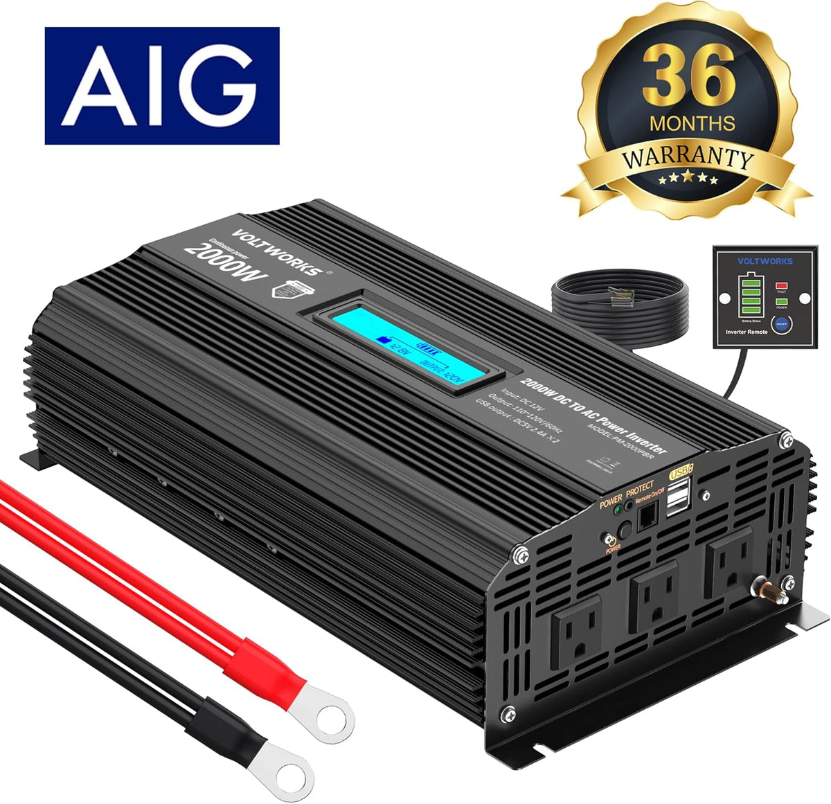 1100 watt DC 12V to AC 120V Modified Sine Wave Inverter with LCD Display Remote Control 2AC Outlets Dual 2.4A USB Ports L83245