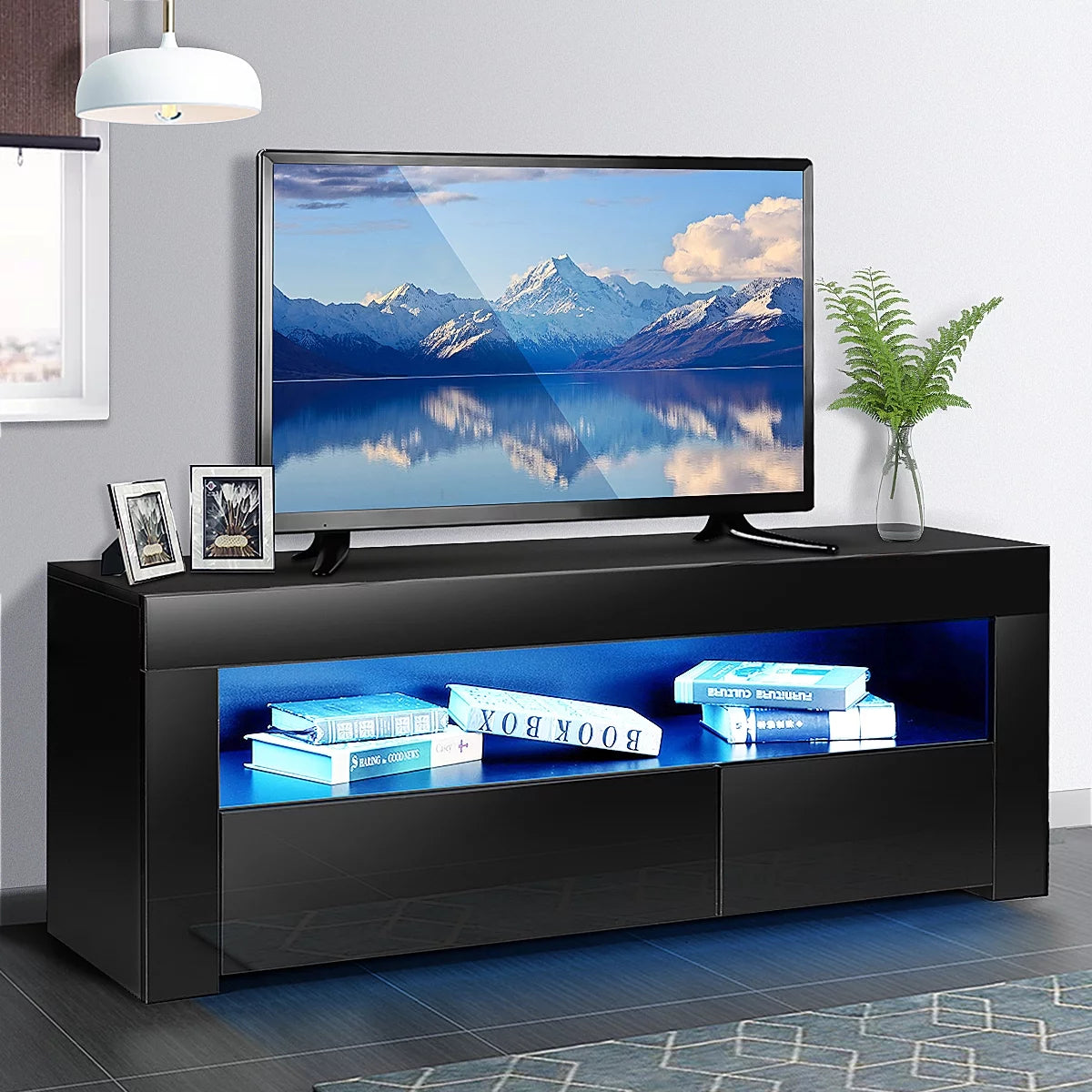 High Gloss TV Stand with LEDs for TVs up to 55 inch 2 Drawers Black Z1605