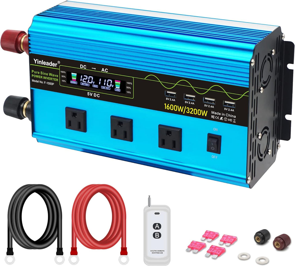 500W Pure Sine Wave Power Inverter DC 12V to 110V/120V AC Dual USB Charging Ports 2 AC Outlets Cigarette Lighter Plug Pack of 2 O463