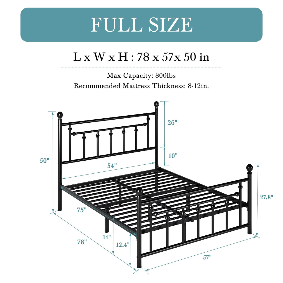 Full Size Black Iron Bed Frame with Headboard and Footboard O8103