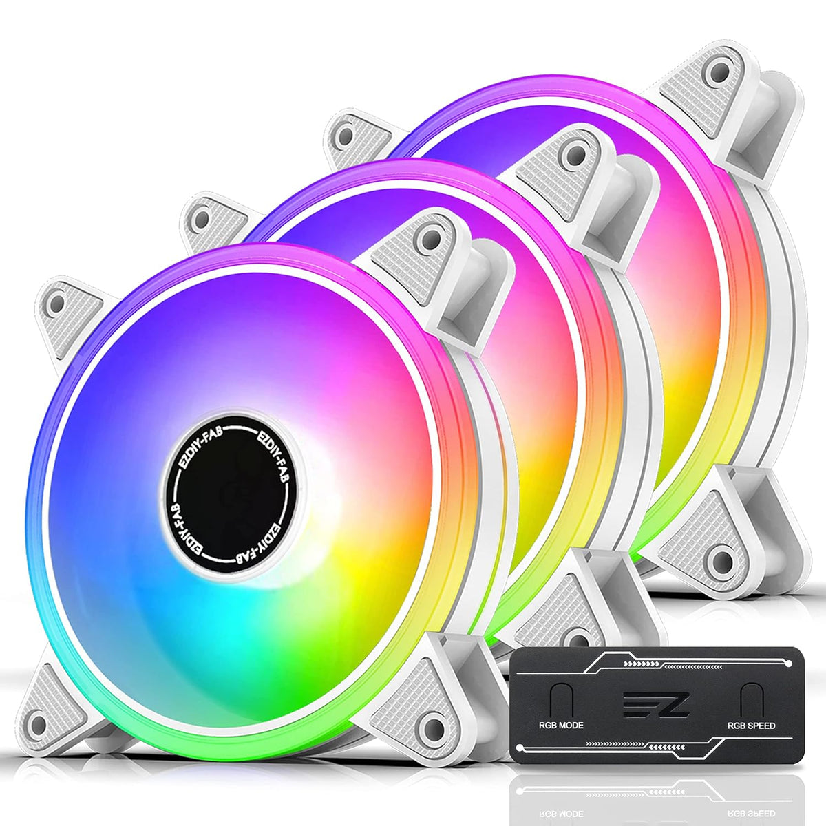 White 120mm RGB PWM Case Fan with Fan Hub, 5 Pack Q9046