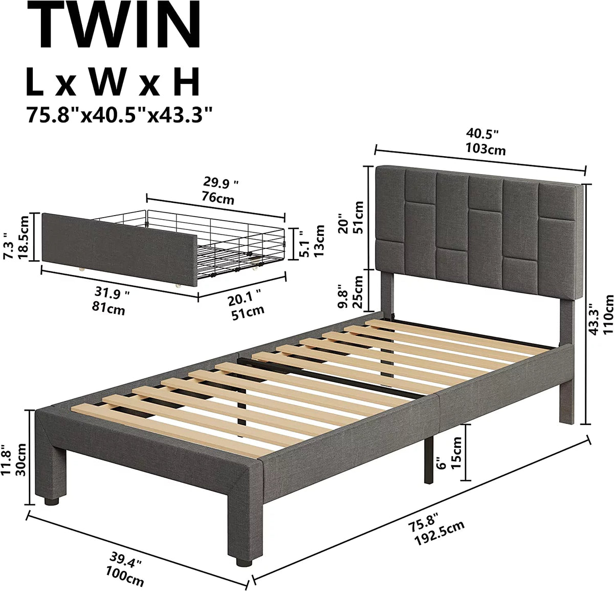 Grey Twin Bed Frame with Upholstered Headboard and Under-bed Drawer K65740