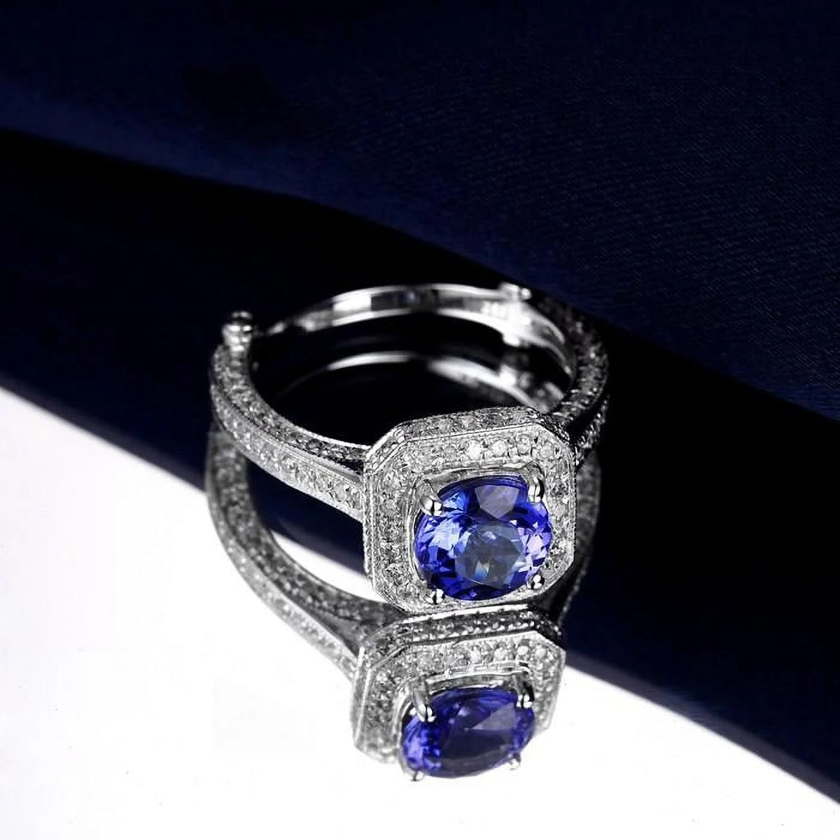 2 Carat Antique Halo Split Shank 6mm Round Cut Engagement Ring with Blue Sapphires and Moissanite in 10k White Gold V193343