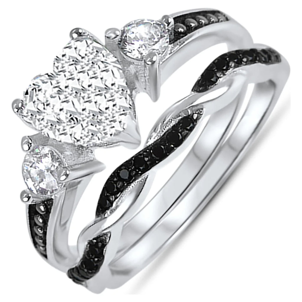 3 Piece Sterling Silver Black Wedding Band Engagement Ring Set F163496