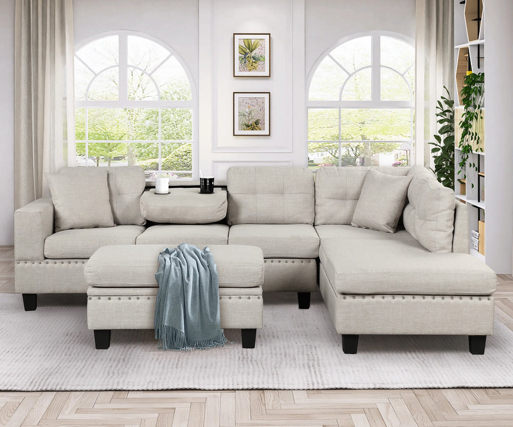 Light Gray Sectional Sofa with Storage Ottoman and Cup Holder P394929