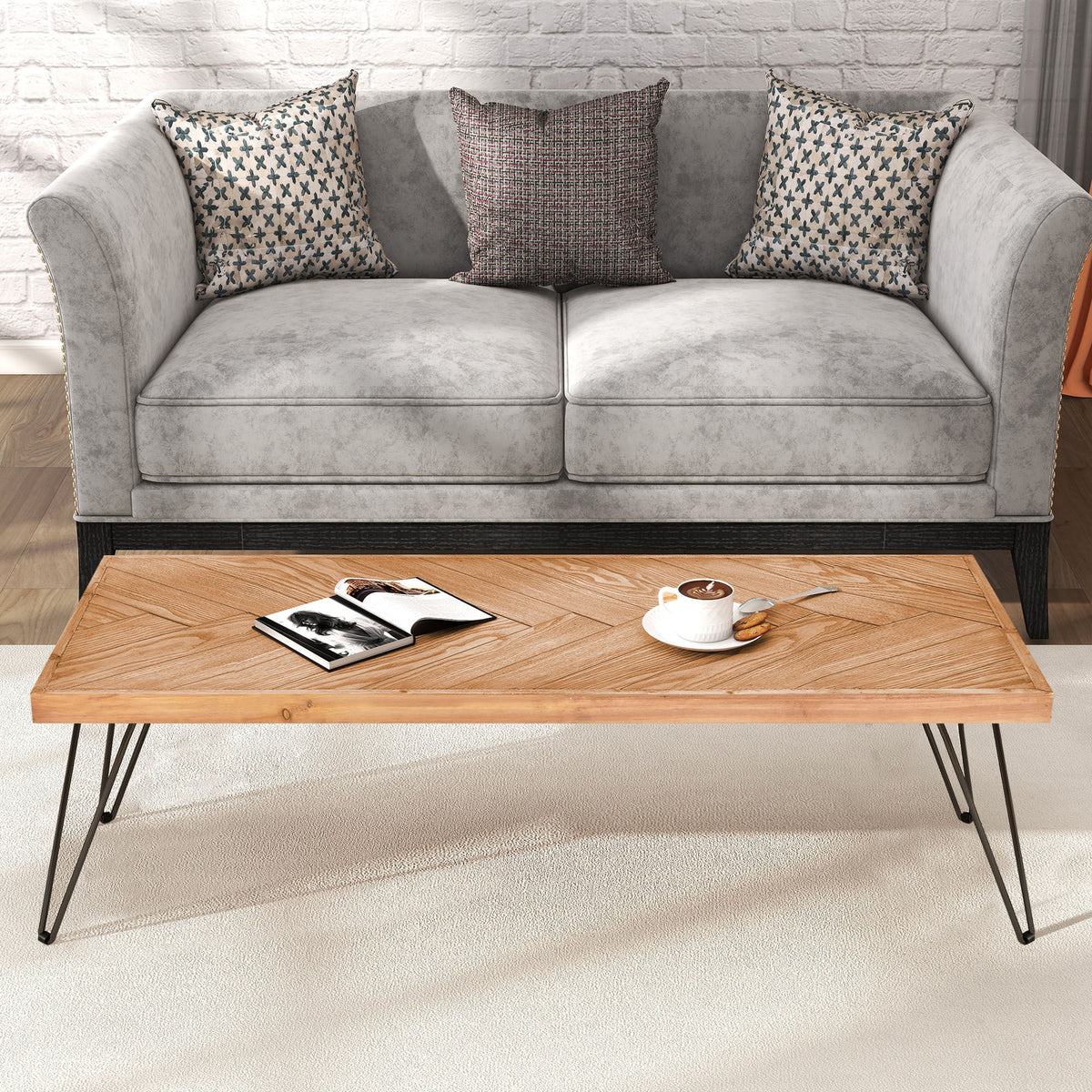 Modern Coffee Table with Chevron Pattern and Metal Hairpin Legs T831