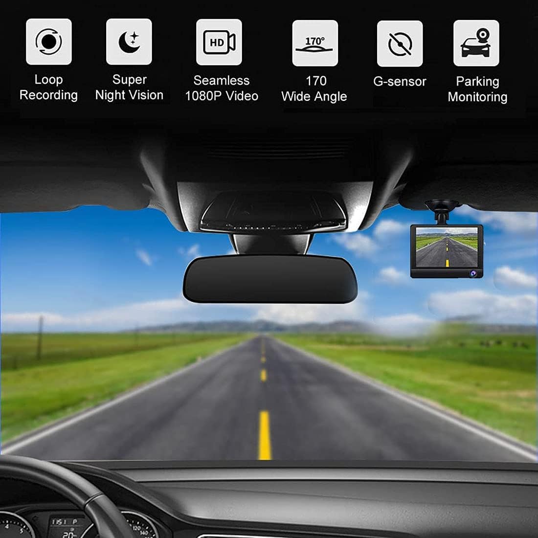 3 Channel Dash Cam Front Rear Inside 1080P Triple Dash Cam with Night Vision 170° Wide Angle Y453185
