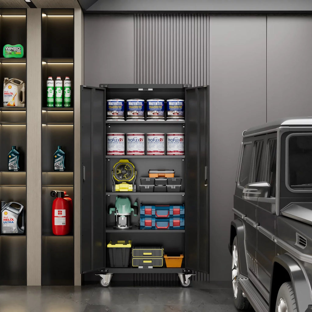 Metal Storage Cabinet with Lock, 72In Steel Storage Cabinet with Wheels, Black Y568464