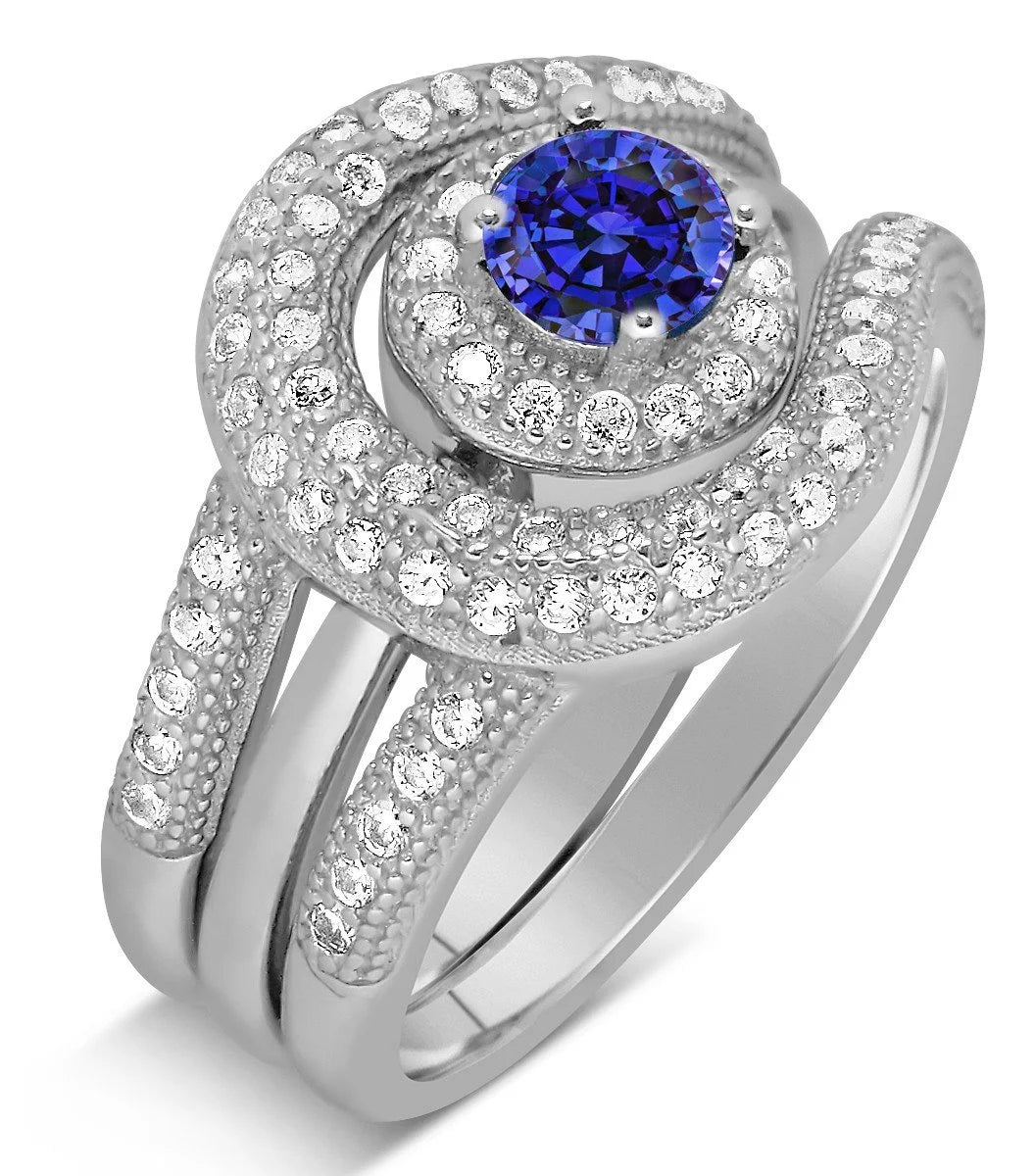2.25 Carat Halo Round Blue Sapphire Moissanite Diamond Wedding Ring Set in 10k White Gold N369876