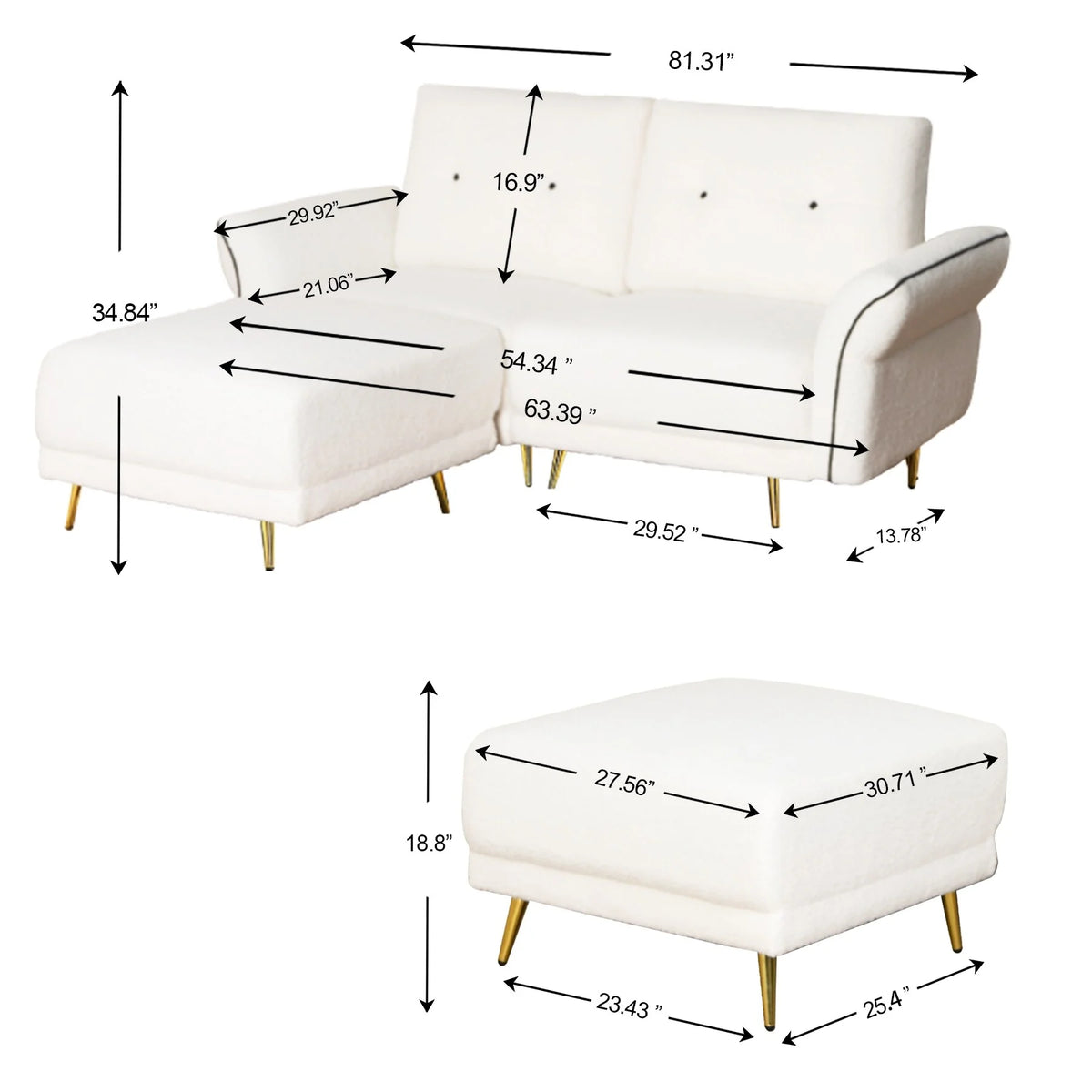 Sherpa Fabric White Loveseat Sofa V934