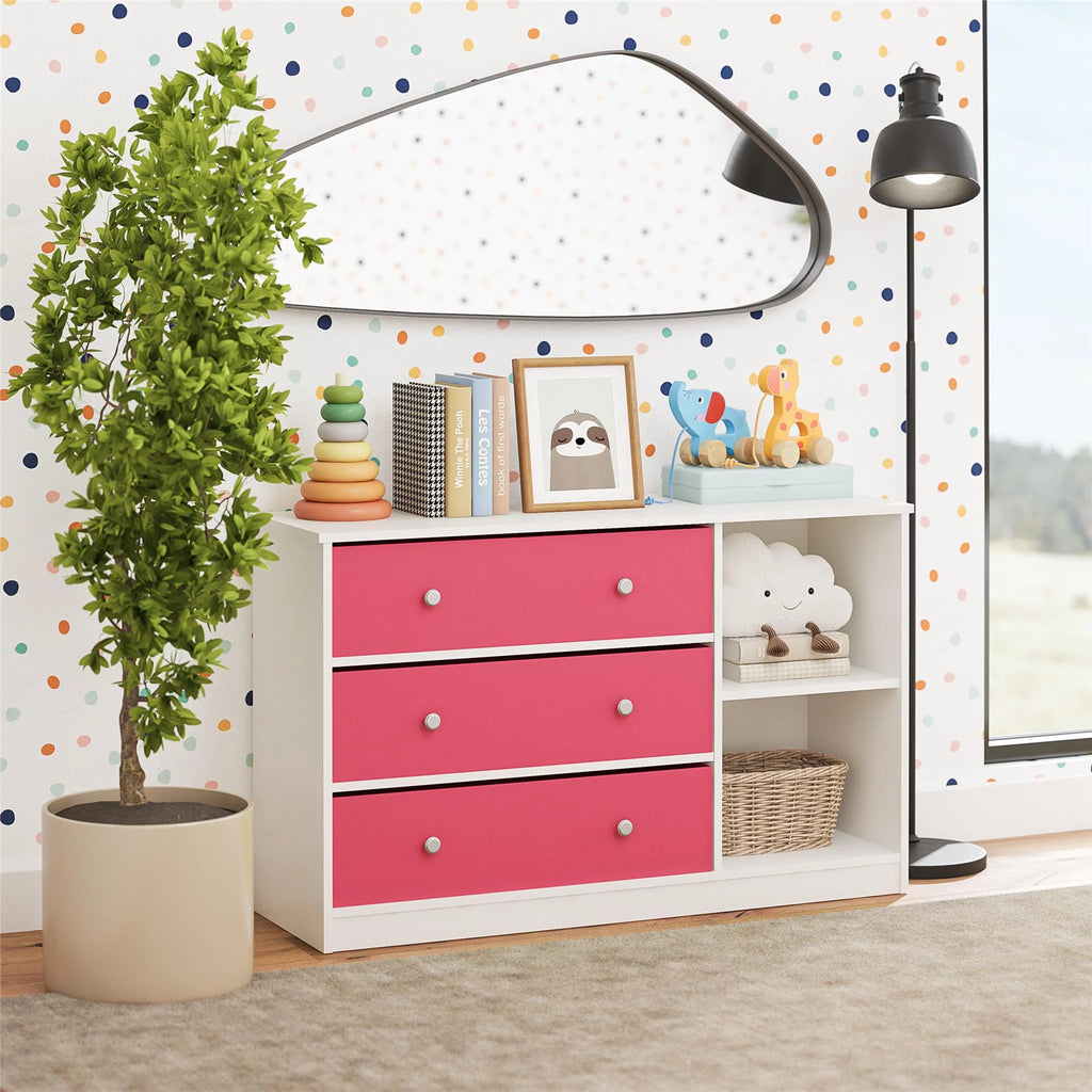 White Wide Dresser with 3 Fabric Bins N30046