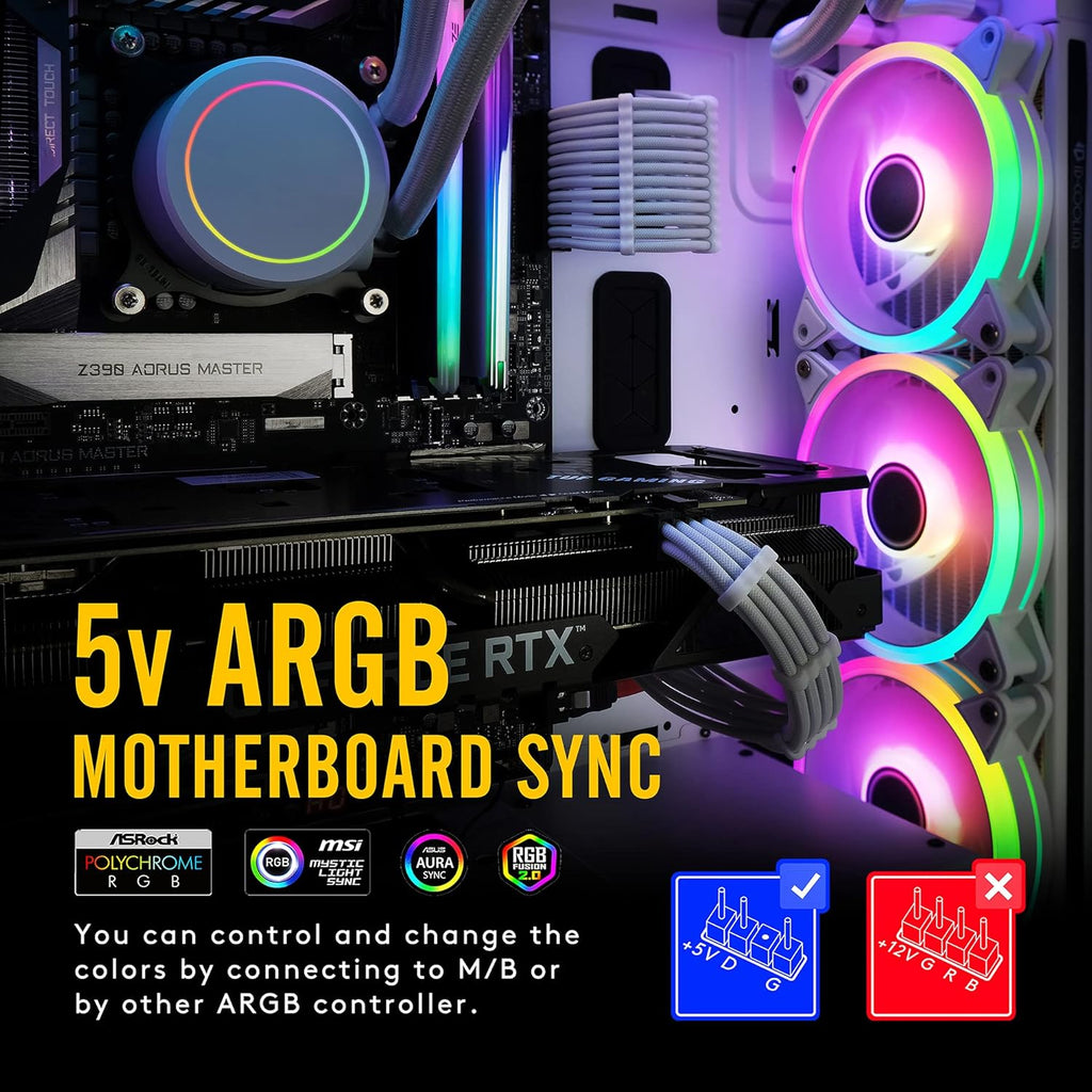 White 120mm RGB PWM Case Fan with Fan Hub, 5 Pack Q9046