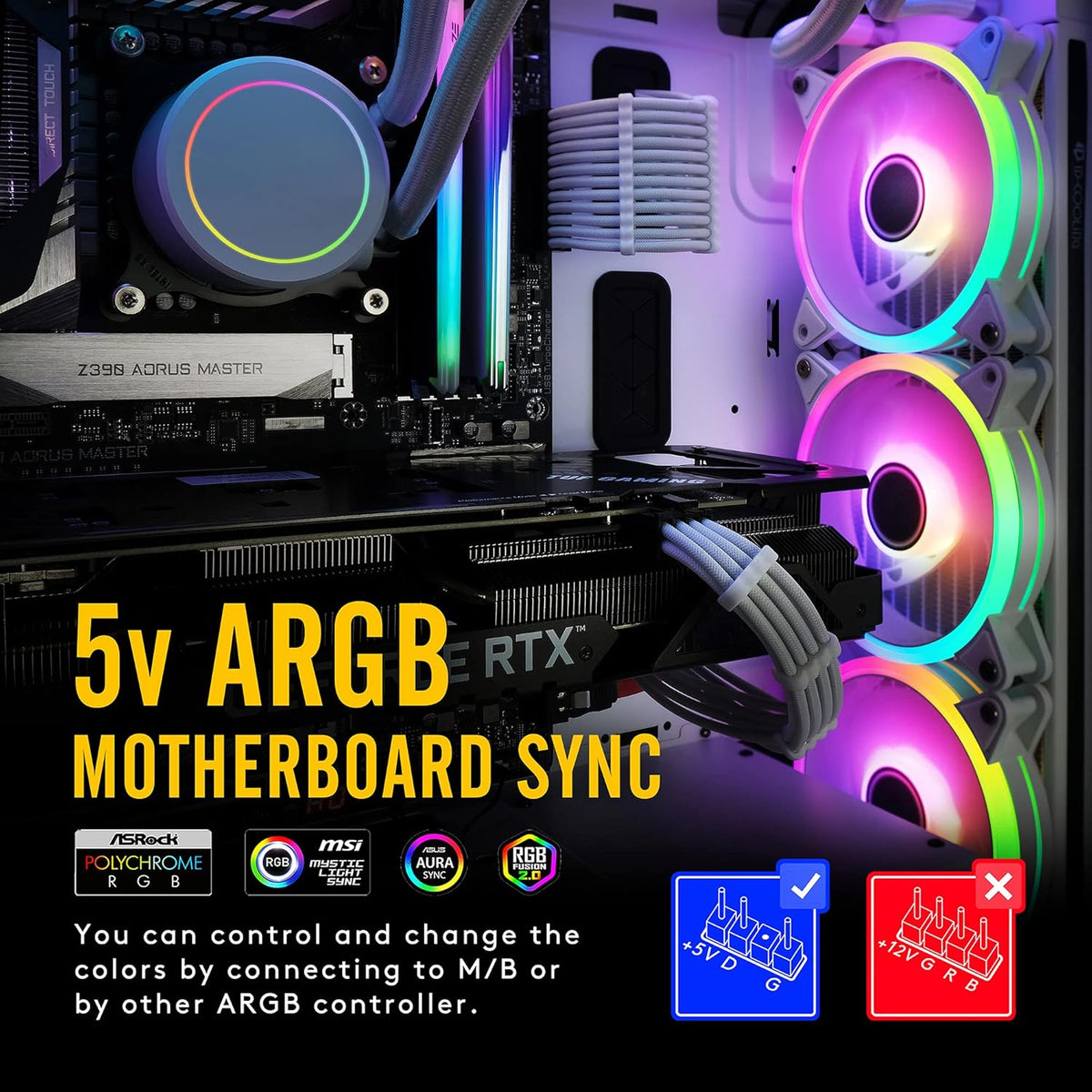 White 120mm RGB PWM Case Fan with Fan Hub, 5 Pack Q9046