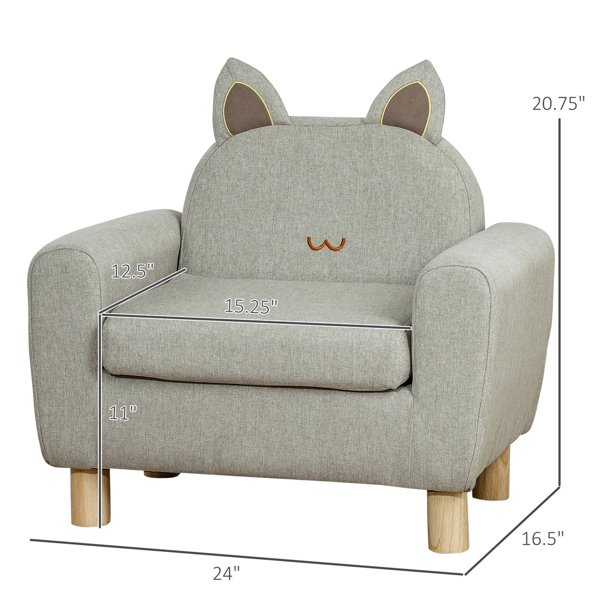 Grey Kids Sofa with Cat Ear Backrest and Wooden Legs P4125