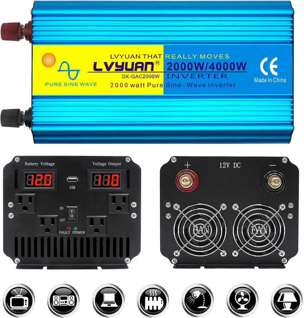 500W Pure Sine Wave Power Inverter DC 12V to 110V/120V AC Dual USB Charging Ports 2 AC Outlets Cigarette Lighter Plug Pack of 2 O463