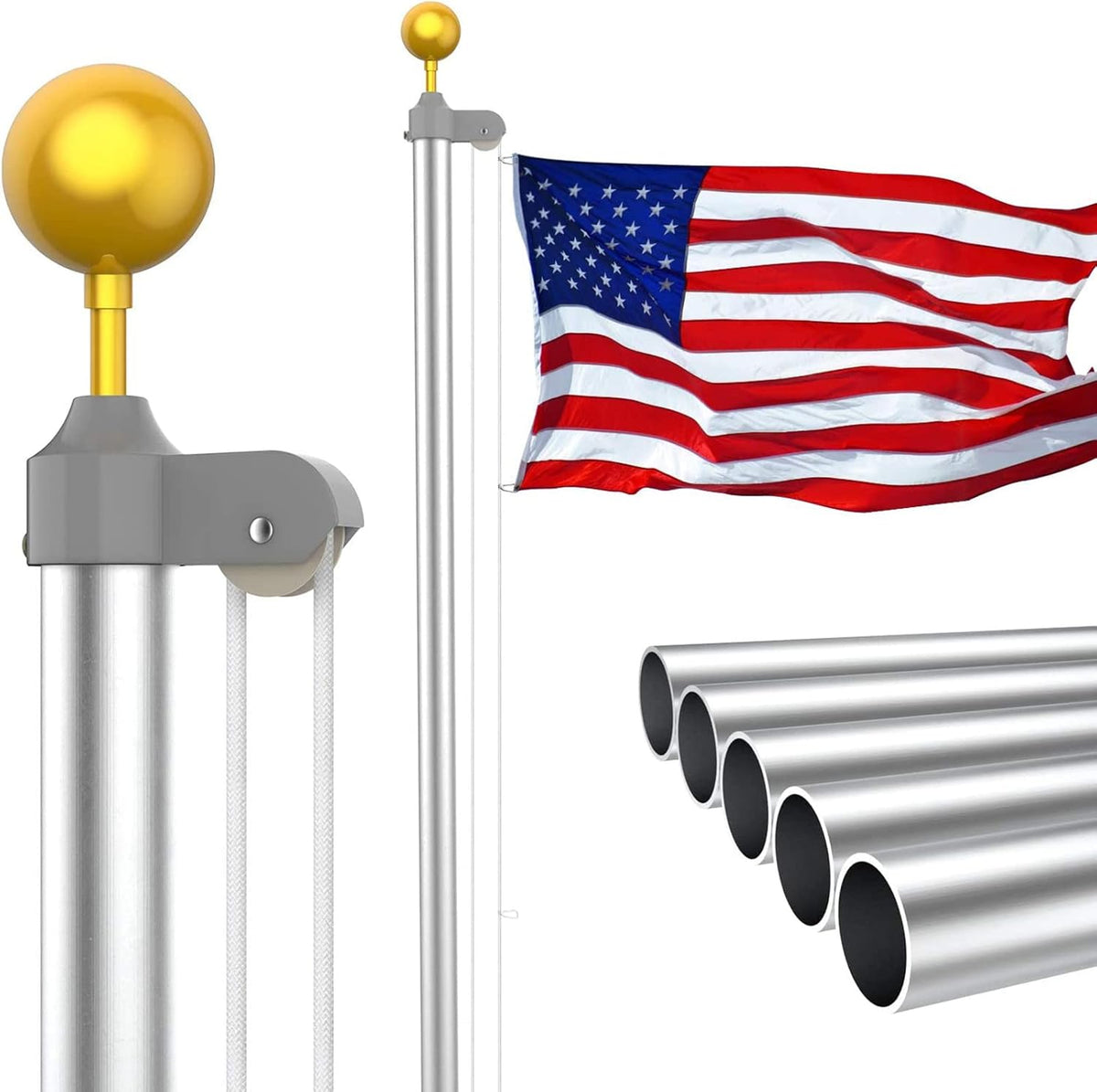 20FT Aluminum Flagpole Set with 3x5 Polyester American Flag D663