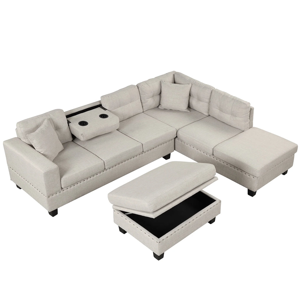 Light Gray Sectional Sofa with Storage Ottoman and Cup Holder P394929