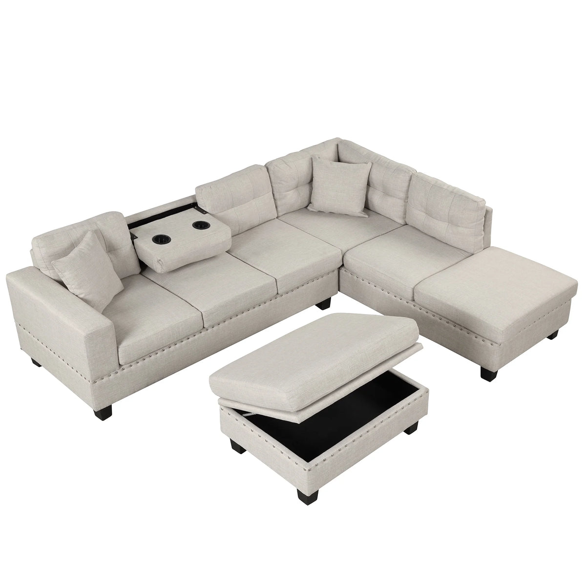Light Gray Sectional Sofa with Storage Ottoman and Cup Holder P394929