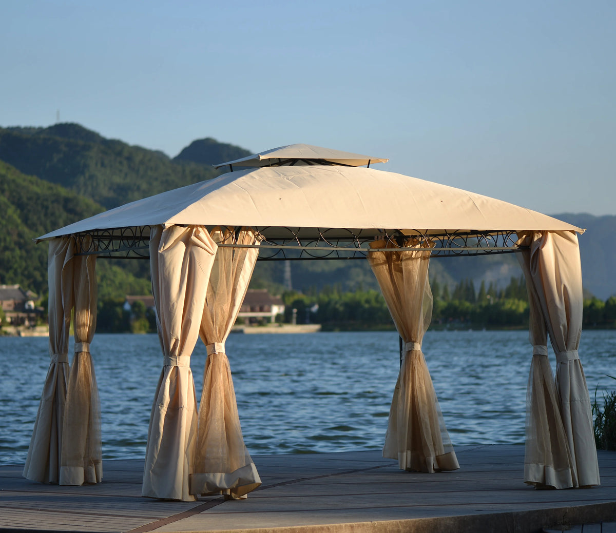 Beige Double Tiered Outdoor Patio Gazebo with UV Protection C3217