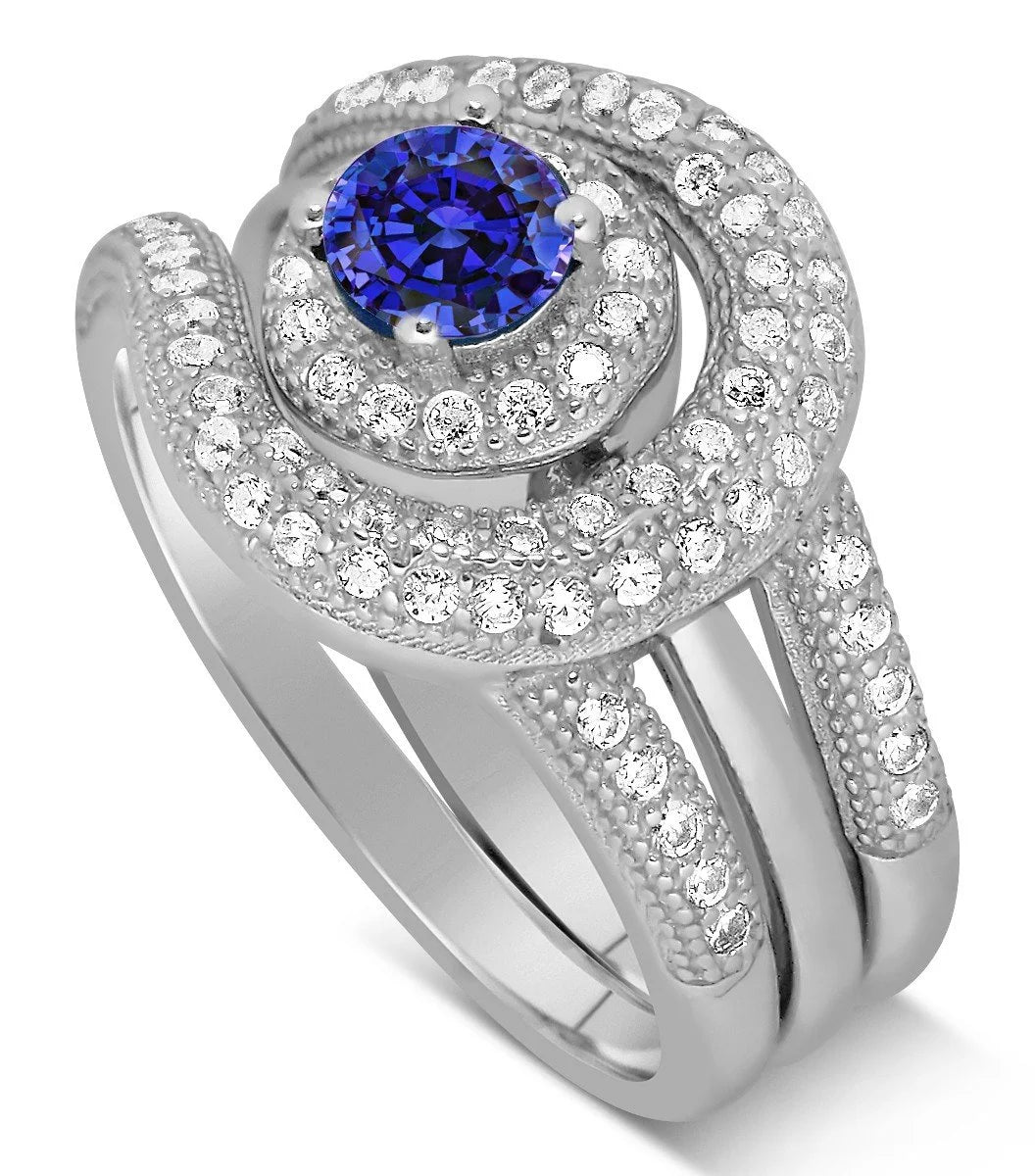 2.25 Carat Halo Round Blue Sapphire Moissanite Diamond Wedding Ring Set in 10k White Gold N369876