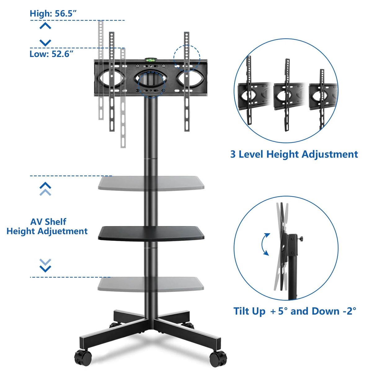 Black Rolling TV Stand for 32 to 60 inch Flat Panel TVs M7081