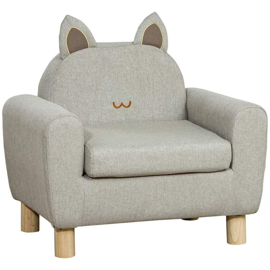 Grey Kids Sofa with Cat Ear Backrest and Wooden Legs P4125
