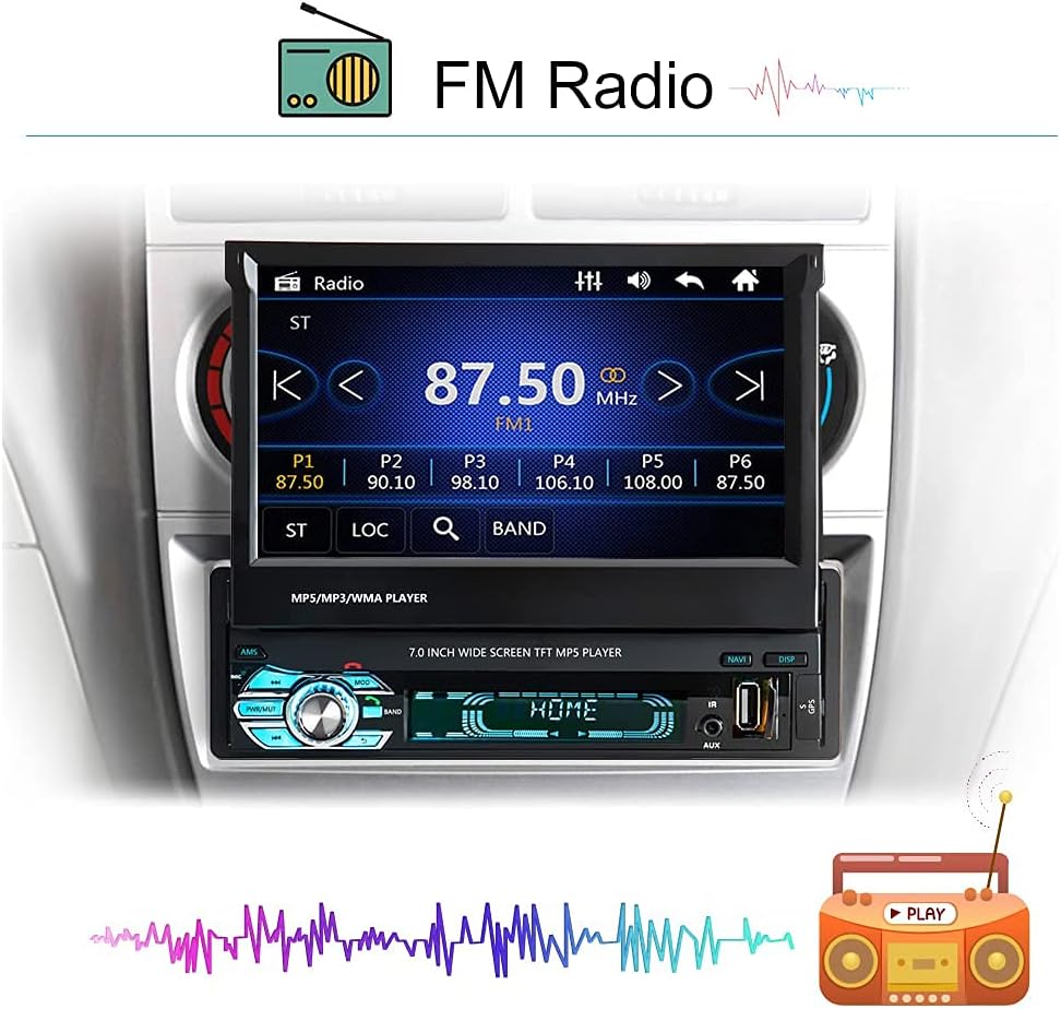 Single Din Car Stereo with Bluetooth, 7 Retractable Touch Screen Car Radio Receiver with Backup Camera T3139