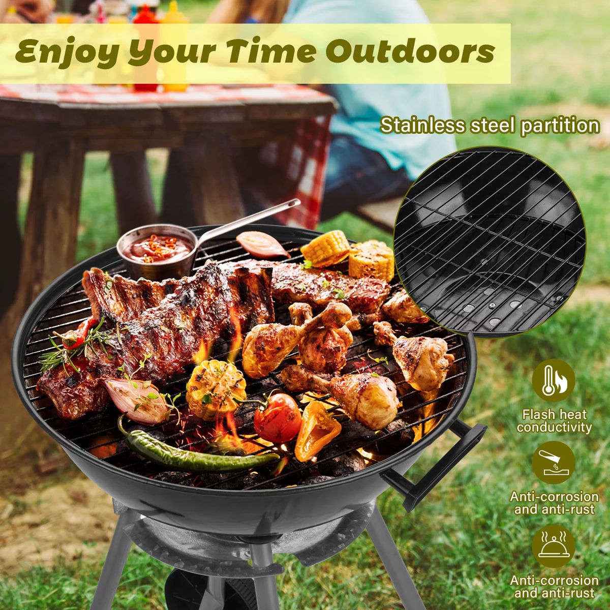 Charcoal Grills, Portable BBQ Kettle Grill, Heavy Duty Coal Grills, Black Y28892