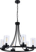 6-Light Farmhouse Chandelier with Cylinder Clear Glass, Black Q24626