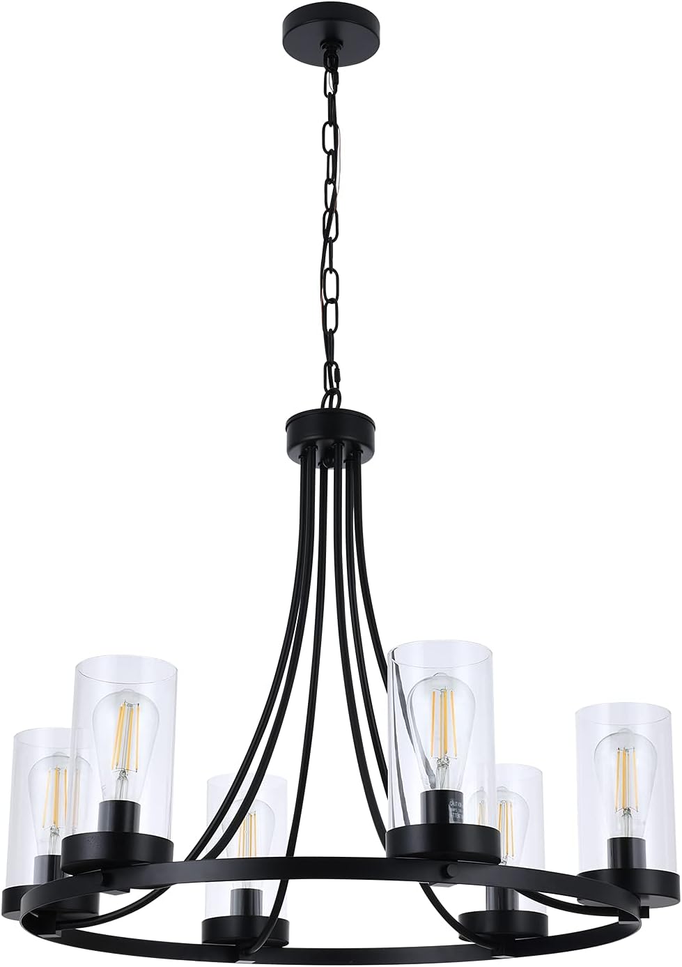 6-Light Farmhouse Chandelier with Cylinder Clear Glass, Black Q24626