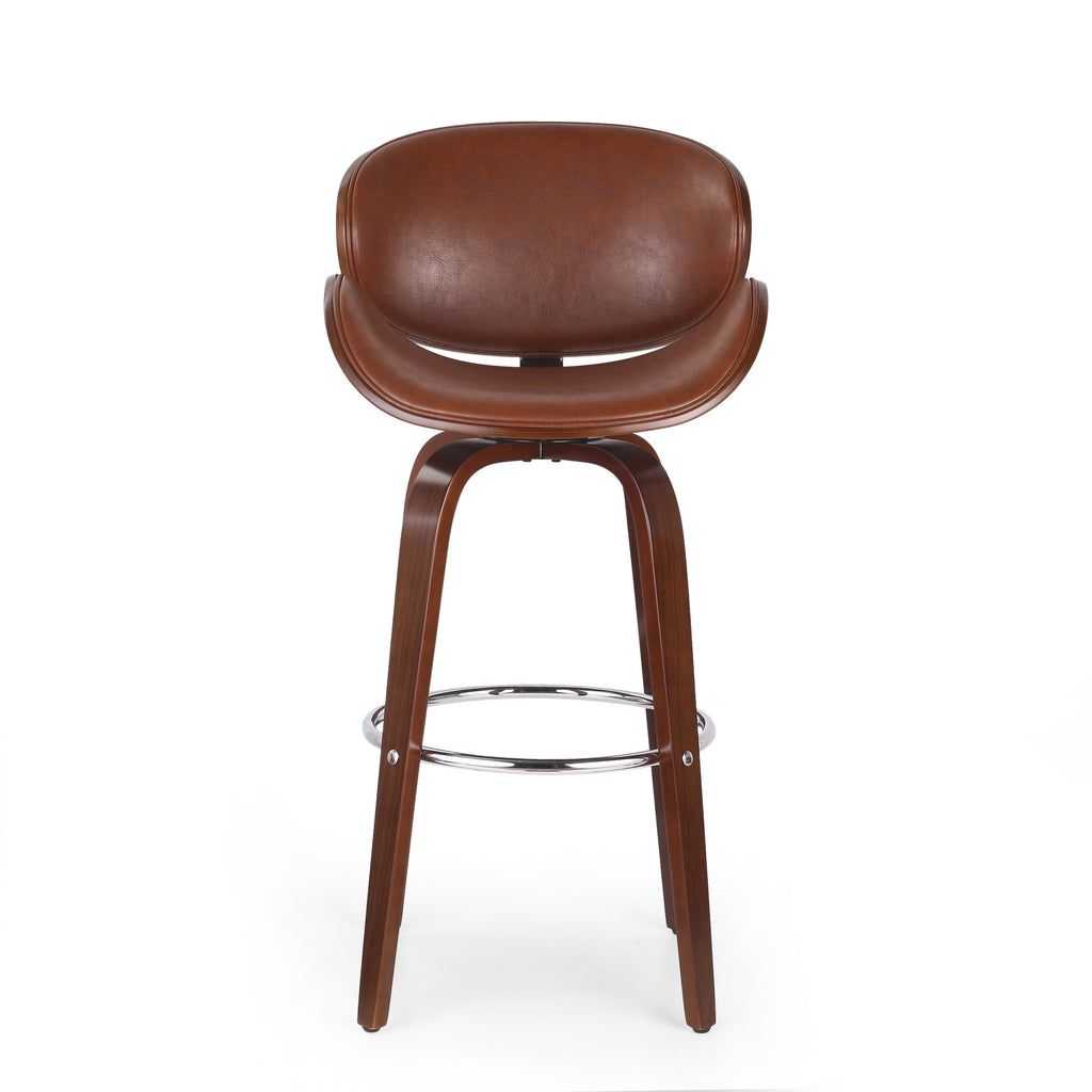 Walnut + Cognac Upholstered Swivel Barstool O93614