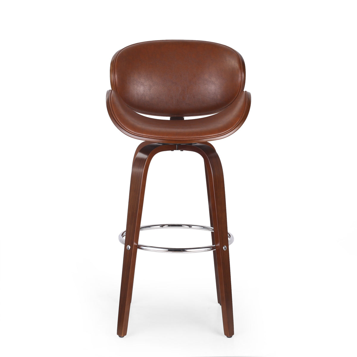 Walnut + Cognac Upholstered Swivel Barstool O93614