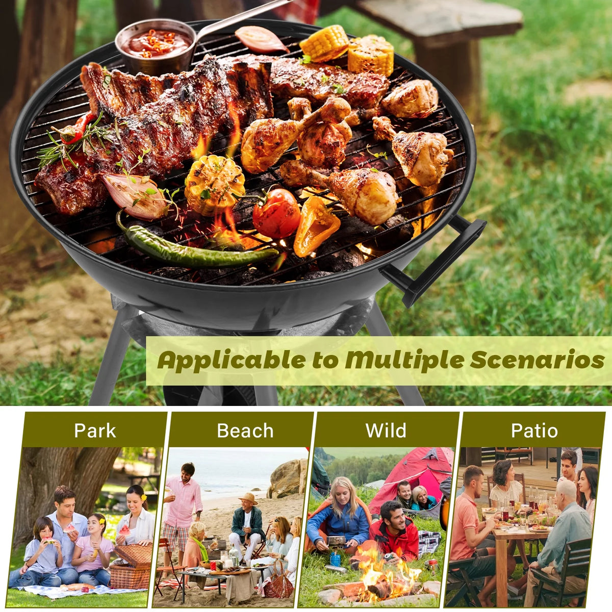 Charcoal Grills, Portable BBQ Kettle Grill, Heavy Duty Coal Grills, Black Y28892