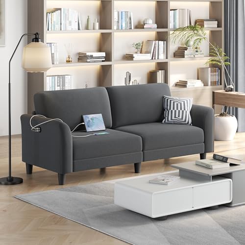 67" Dark Gray Fabric Loveseat Sofa with 2 USB Charger Ports Y93899