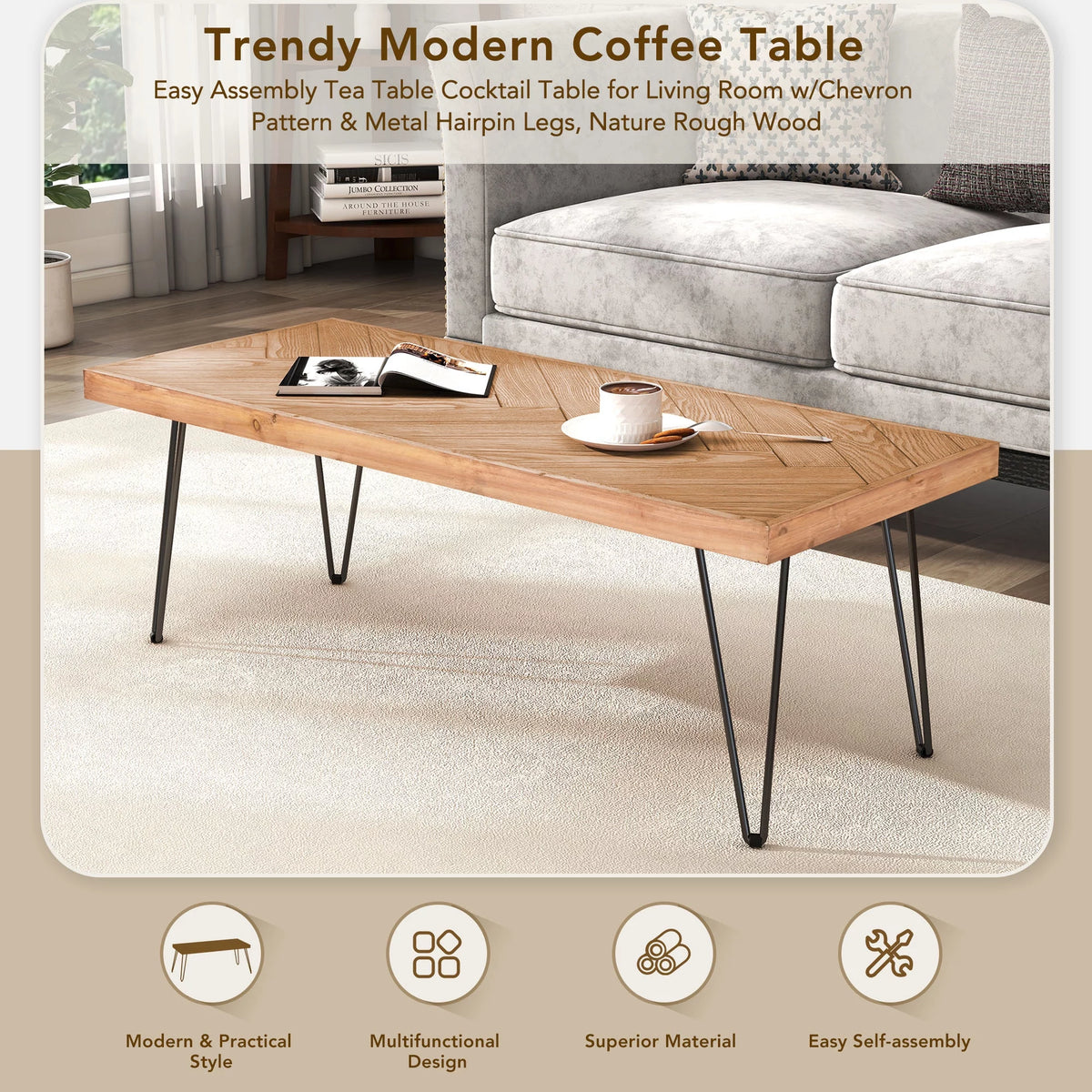 Modern Coffee Table with Chevron Pattern and Metal Hairpin Legs T831