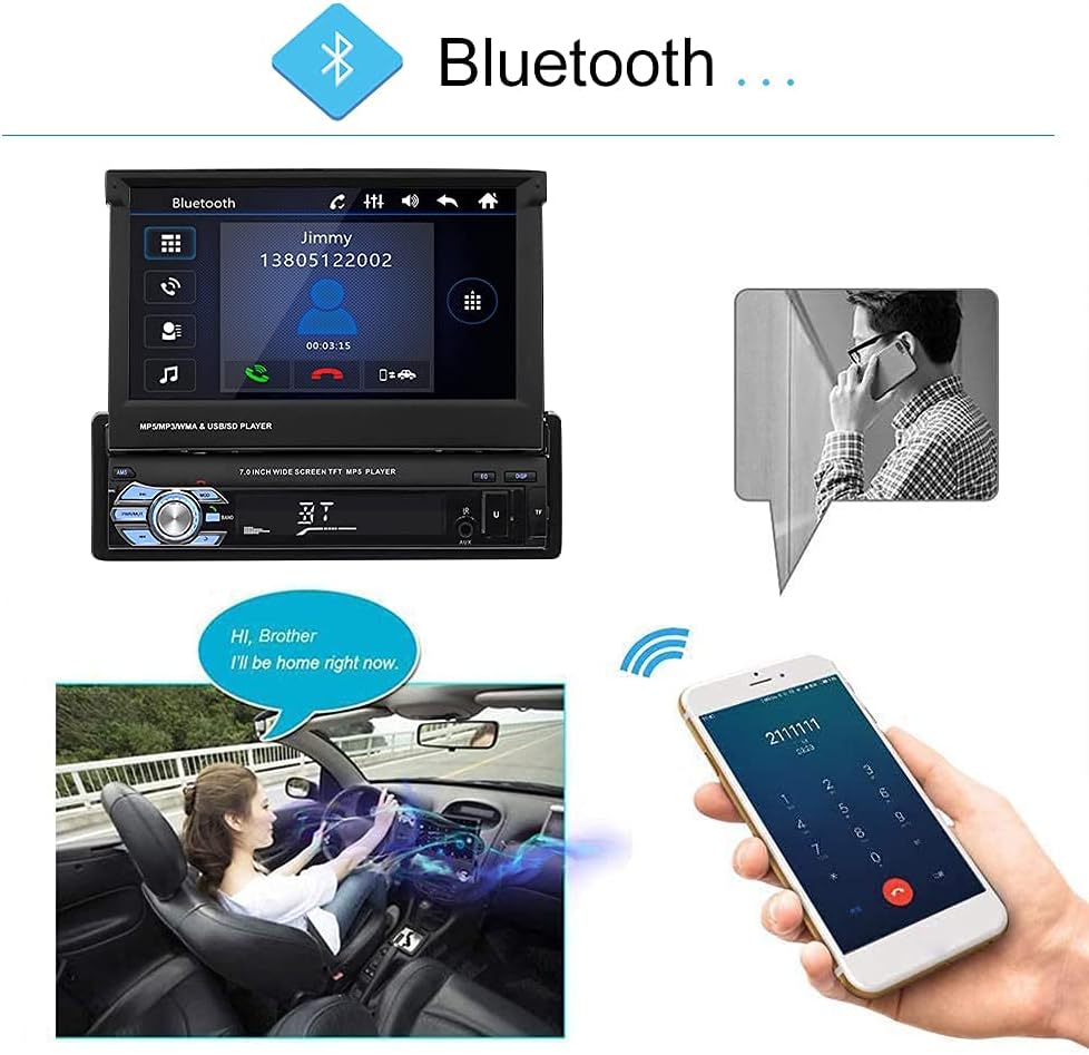 Single Din Car Stereo with Bluetooth, 7 Retractable Touch Screen Car Radio Receiver with Backup Camera T3139