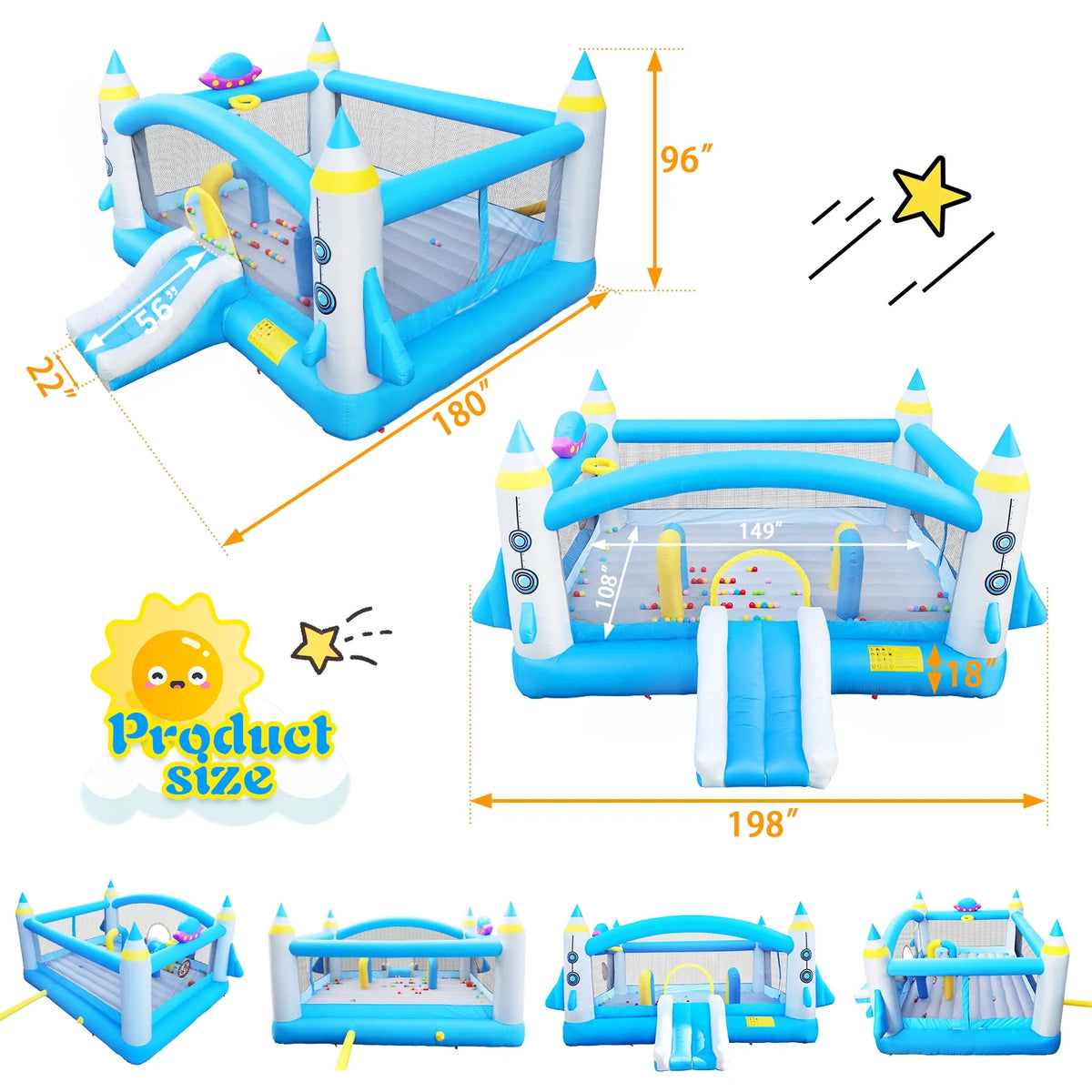 Inflatable Bounce House with Blower, 198" x 180" x 96" Tall E503