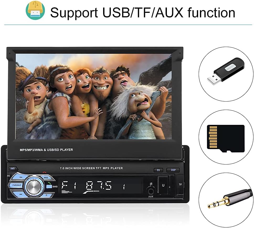Single Din Car Stereo with Bluetooth, 7 Retractable Touch Screen Car Radio Receiver with Backup Camera T3139