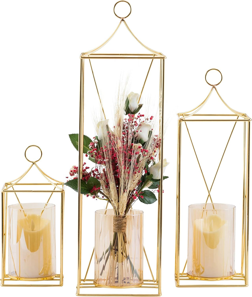 Set of 3 Gold Decorative Tall Lanterns with Candle Holder J106236